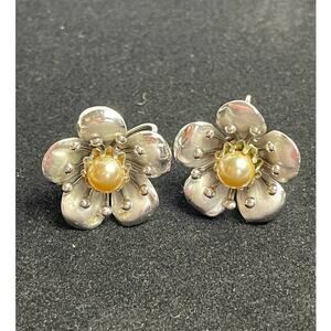 Vintage Coro Silver Screw Back Flower Scatter Pin Earring W. Pearl Mid Century